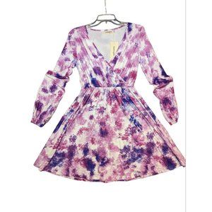 LeadingStar Long Sleeve Elastic Waist Purple White Dress S Nwt